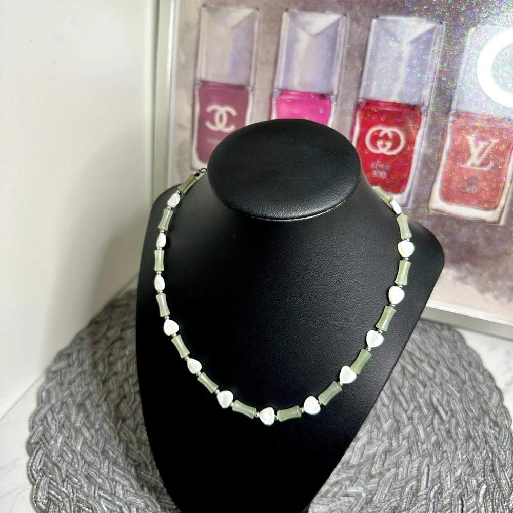 Natural Aventurine Bamboo & Shell Hearts Beaded Necklace